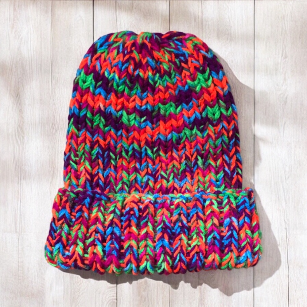 Chunky Ribbed Knit Toboggan Dark Neon Beanie Folded Brim Hat - Picture 3 of 17